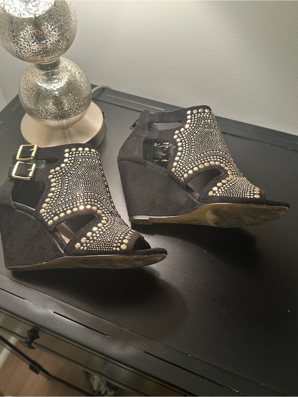 Betsey Johnson Black Suede Gold-Studded Cutout High Heels US 7 - Picture 3 of 9